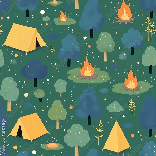 Camping Scene Pattern Forest Campfire Tents Nature Illustration