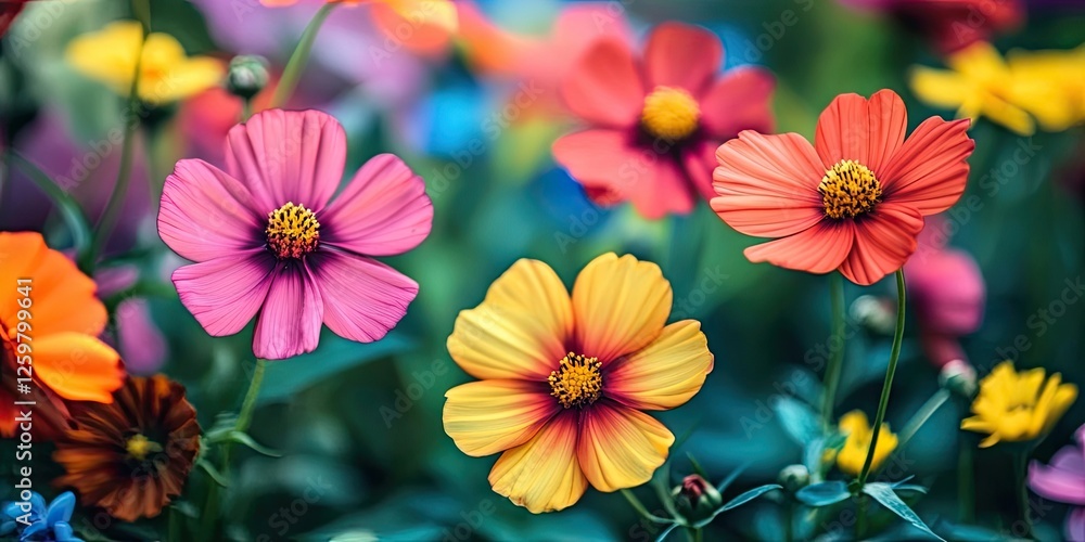 custom made wallpaper toronto digitalVibrant multicolored flowers in shades of pink, purple, yellow, and red surrounded by lush greenery showcasing bright natural beauty.