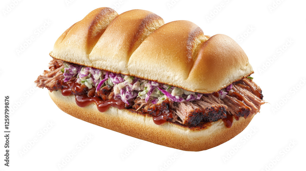 Savory Pulled Pork Sandwich Loaded with Coleslaw and BBQ Sauce on White Background Savory Pulled Pork Sandwich Loaded with Coleslaw and BBQ Sauce on White Background