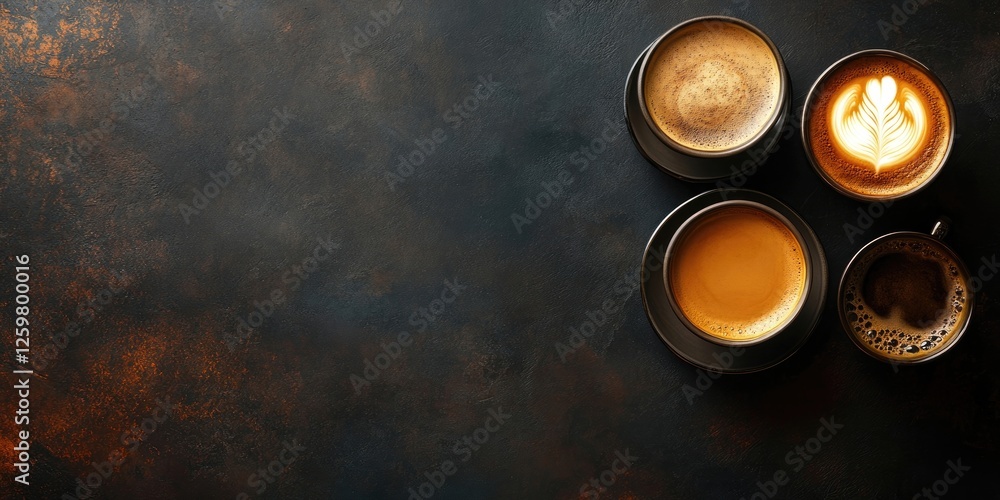 Three distinct coffee cups on a dark textured table captured from above, featuring latte art, with ample negative space for text. Three distinct coffee cups on a dark textured table captured from above, featuring latte art, with ample negative space for text.