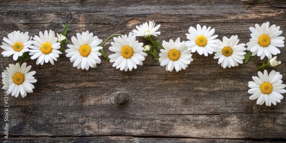 Obraz premium White daisies with yellow centers arranged in a loop on a rustic brown wooden table background creating a natural floral decoration.