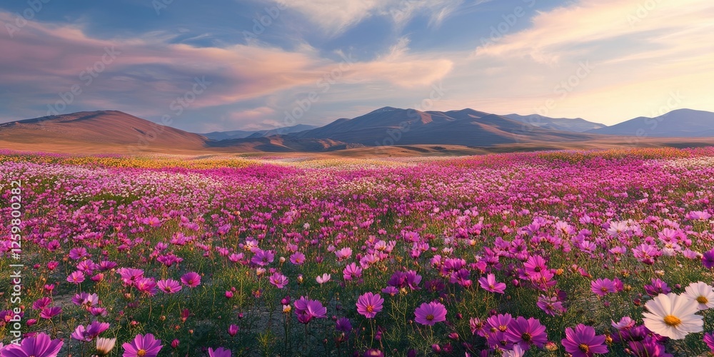 Obraz premium Vibrant pink and purple cosmos flower field under a blue sky with mountains in the background showcasing a breathtaking natural landscape.