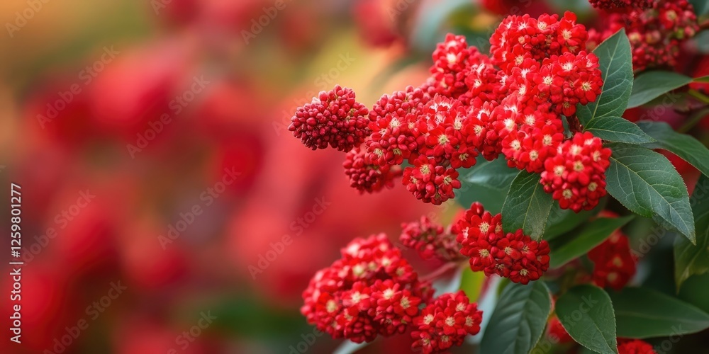 Vibrant clusters of red spiraea japonica blossoms against a softly blurred green backdrop highlighting lush leaves and rich colors in nature. Vibrant clusters of red spiraea japonica blossoms against a softly blurred green backdrop highlighting lush leaves and rich colors in nature.