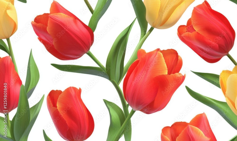 Red and yellow tulips spring floral pattern, white background, greeting card design Red and yellow tulips spring floral pattern, white background, greeting card design