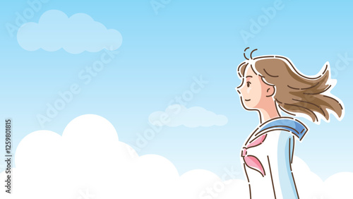 爽やかな青空をバックに前を見つめるセーラー服の女子学生の横顔