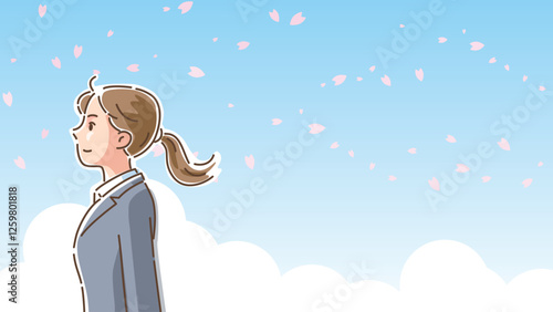 桜が風に舞う中で佇むスーツ姿の女性の横顔