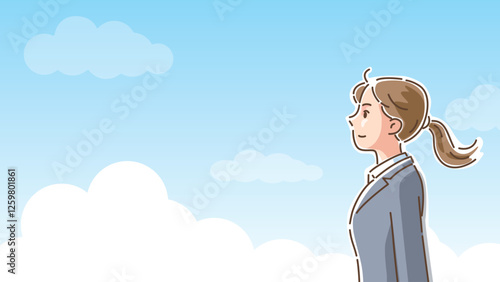 爽やかな青空をバックに前を見つめるスーツ姿の女性の横顔