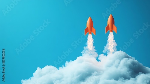 Upward Growth Arrows Emerging from Cloud, Three orange arrows on a white cloud against a blue background
