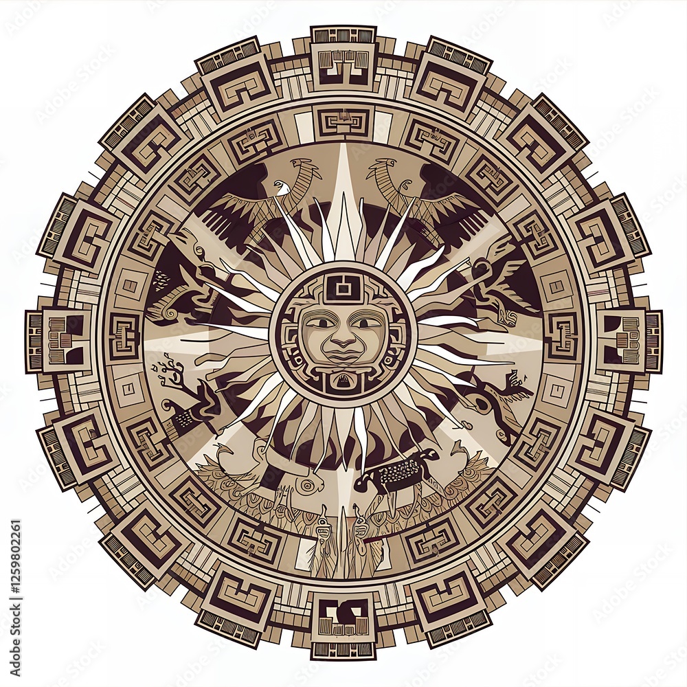 Obraz premium Aztec Sun Stone Mandala Ancient Mexican Mythology Circular Design Cultural Heritage