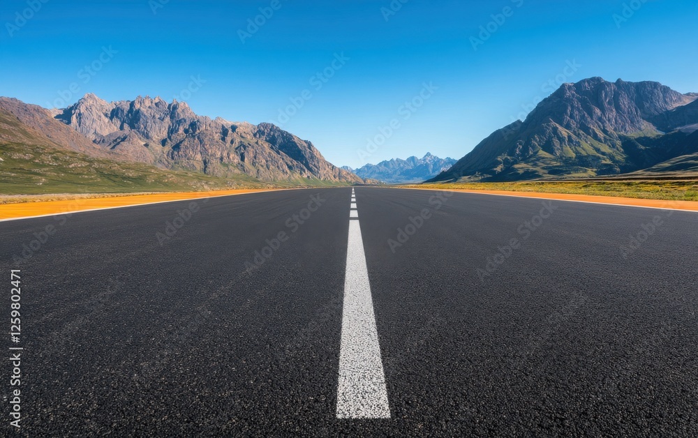 Naklejka premium Asphalt Racing Track in Daylight: A wide-angle shot of a racing track, with crisp white and orange lines drawn on the dark asphalt.