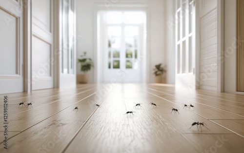 Ants Crawling on White Floor with Shallow Focus: A macro shot of black ants running across a white wooden floor, captured from a low angle. 