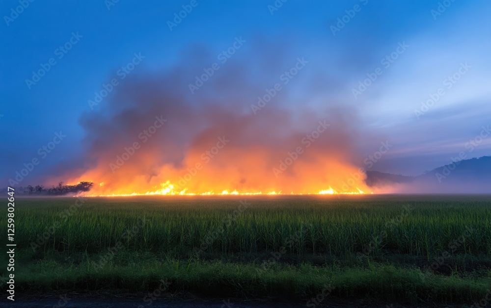 Blazing Sugar Cane Fields at Dusk: A wide-angle shot of sugar cane fields burning, with the flames lighting up the night sky. Blazing Sugar Cane Fields at Dusk: A wide-angle shot of sugar cane fields burning, with the flames lighting up the night sky.