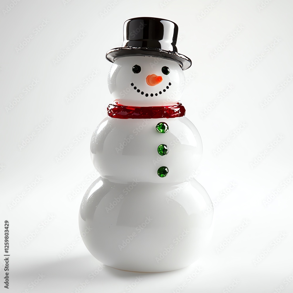Fototapeta premium A charming snowman figurine crafted from glossy material. It features a black hat, colorful buttons, and a joyful smile, perfect for winter decor.