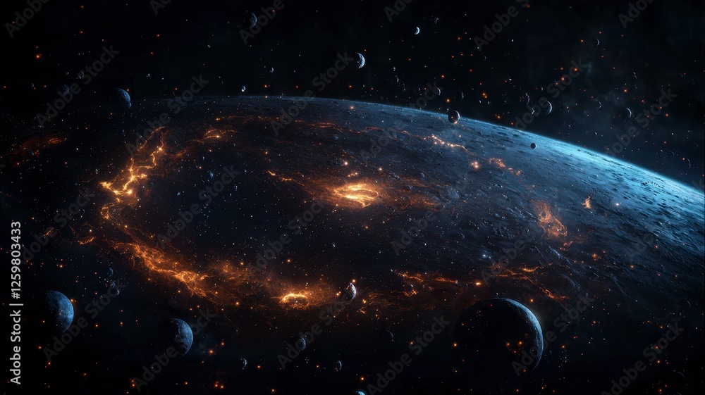 Obraz premium Astronomy planets theories concept. A stunning cosmic scene depicting a luminous galaxy surrounded by planets and celestial debris in the vastness of space.