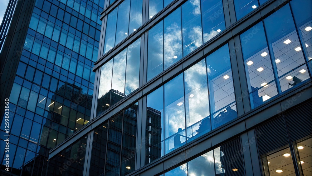 Abstract Modern Office Windows with Blue Sky Reflection - Low Light Photography, Office Design Background, Contemporary Architecture, Abstract Art, Urban Aesthetics Abstract Modern Office Windows with Blue Sky Reflection - Low Light Photography, Office Design Background, Contemporary Architecture, Abstract Art, Urban Aesthetics