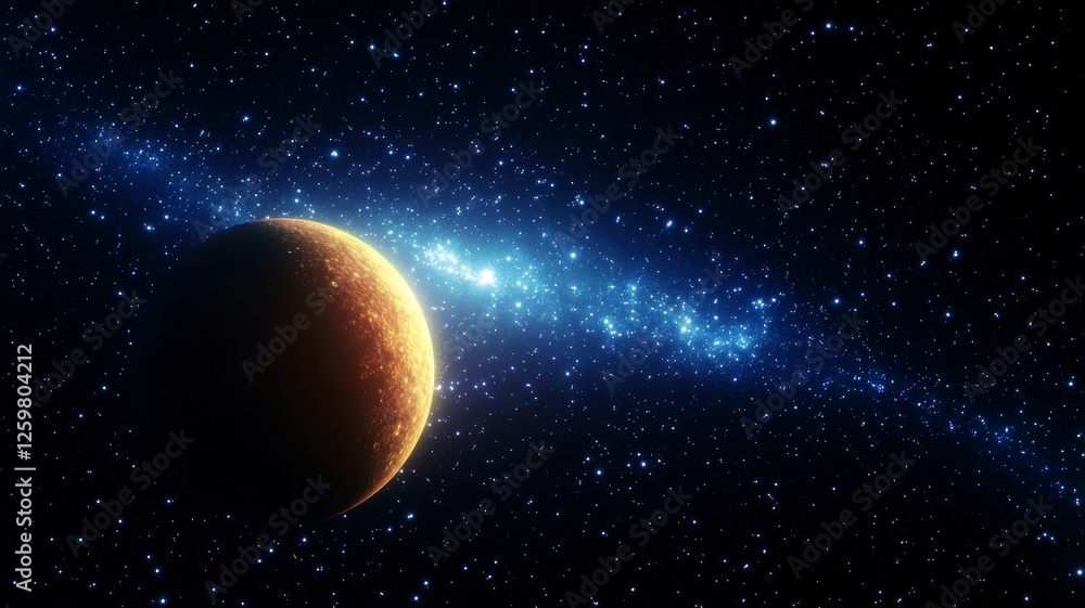 Naklejka premium Astronomy planets theories concept. A vibrant planet floats against a backdrop of shimmering stars and a spiral galaxy, showcasing the beauty of deep space.