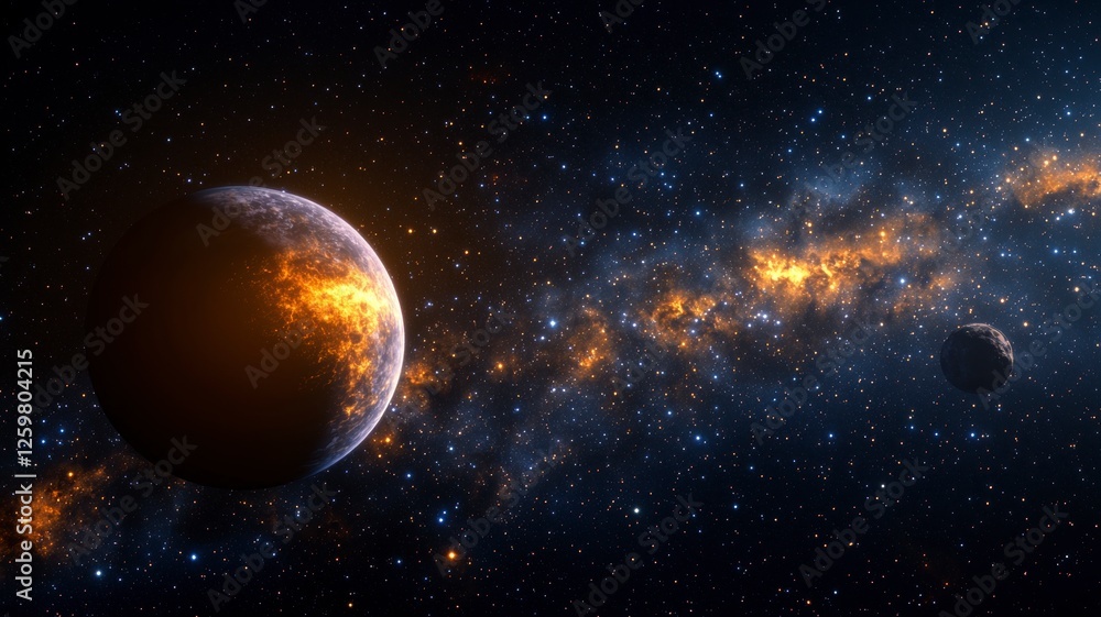 Fototapeta premium Astronomy planets theories concept. A stunning cosmic scene featuring a glowing planet amidst a starry galaxy, highlighting the beauty of the universe.