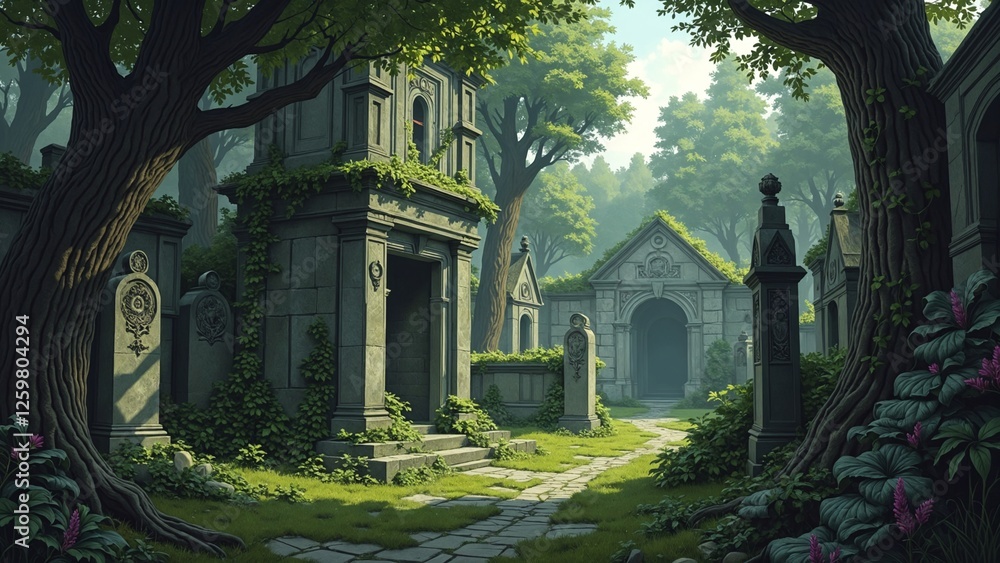 Obraz premium Illustration of an ancient abandoned medieval cemetery
