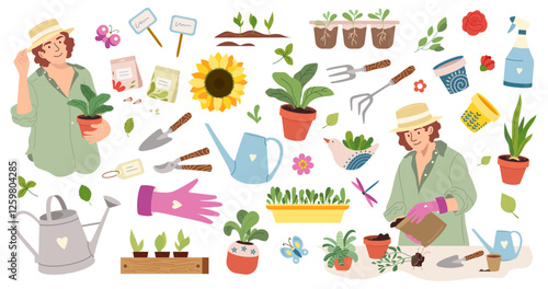 Joyful woman replants for potted plants. Garden tools. Colored concept for home gardening and houseplant care Spring plants, seeds, shovel, rake, watering can. Flat vector illustration isolated