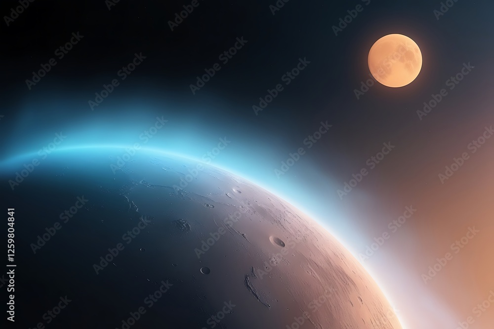 Fototapeta premium breathtaking view of Pluto from space, with its thin atmosphere glowing under distant sunlight