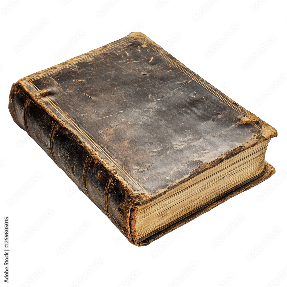 Old leather-covered book resting on a Transparent background showcasing its worn texture and history, very old book with a leather cover, PNG background Old leather-covered book resting on a Transparent background showcasing its worn texture and history, very old book with a leather cover, PNG background