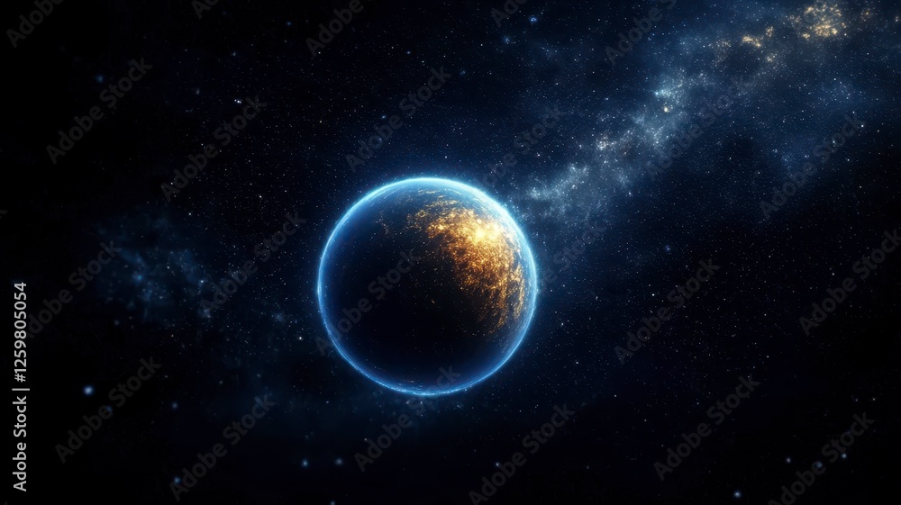 Astronomy planets theories concept. A glowing blue planet floats against a backdrop of stars and cosmic elements, evoking a sense of wonder and mystery in the universe. Astronomy planets theories concept. A glowing blue planet floats against a backdrop of stars and cosmic elements, evoking a sense of wonder and mystery in the universe.