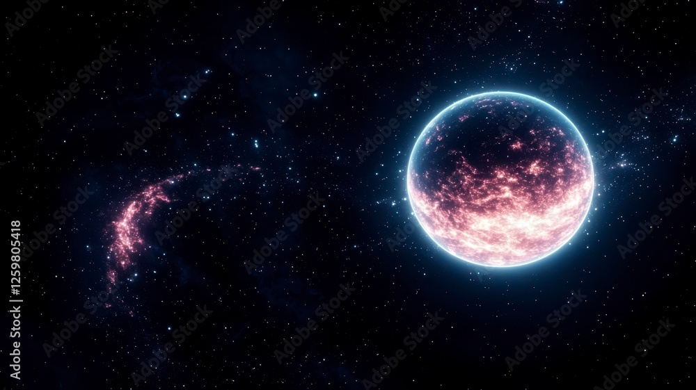 Fototapeta premium Astronomy planets theories concept. A vibrant cosmic scene featuring a glowing planet amidst a backdrop of deep space, stars, and nebulae.