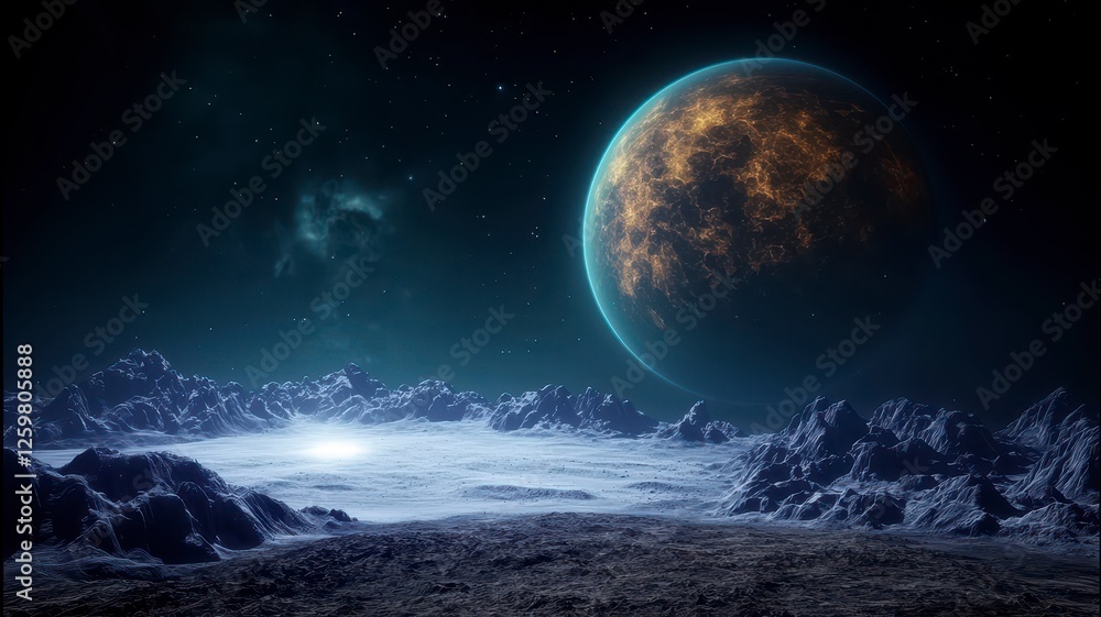 Fototapeta premium Astronomy planets theories concept. A distant planet looms over a rugged, alien landscape illuminated by a faint glow, creating a mysterious cosmic atmosphere.
