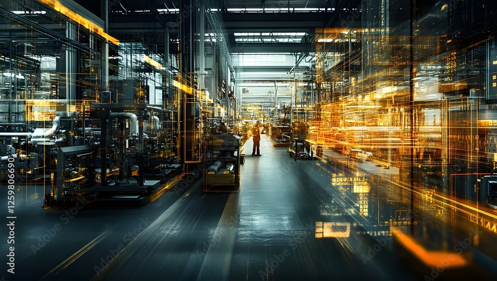 Fototapeta premium Industrial factory interior with digital overlay