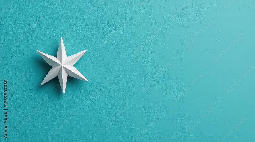 A beautifully crafted white paper star on a vibrant turquoise background, perfect for holiday or decorative themes. A beautifully crafted white paper star on a vibrant turquoise background, perfect for holiday or decorative themes.