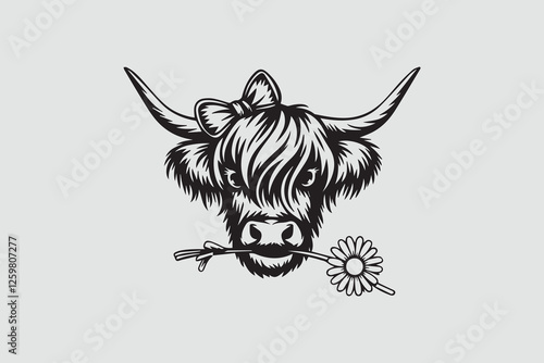 Cute Highland Cow with Daisy and Bow vector