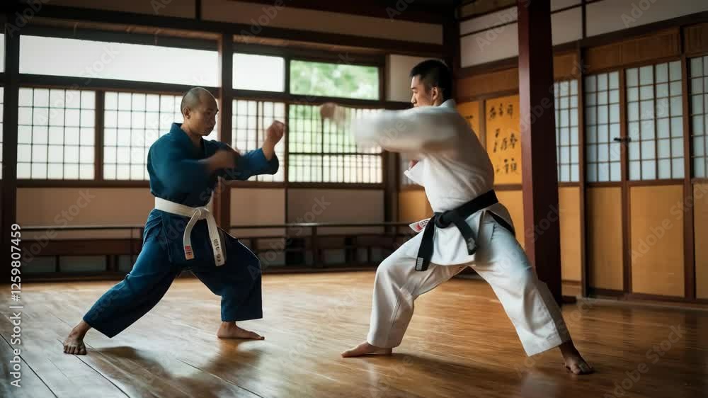 A masterful Sensei in a martial art dojo, surrounded by his students A masterful Sensei in a martial art dojo, surrounded by his students