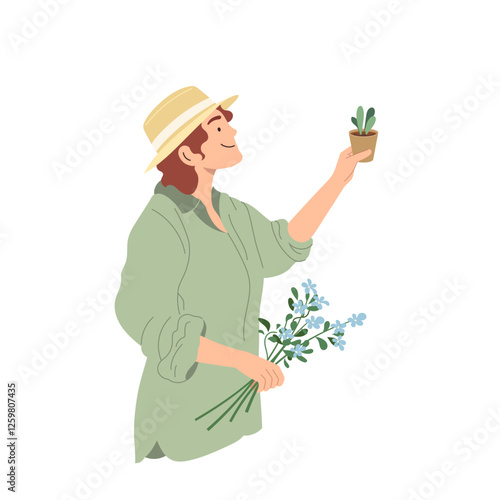 Beautiful girl admiring young houseplant Colorful concept of home gardening, houseplant care Flat vector illustration highlights trend of nurturing greenery indoors isolated on white background