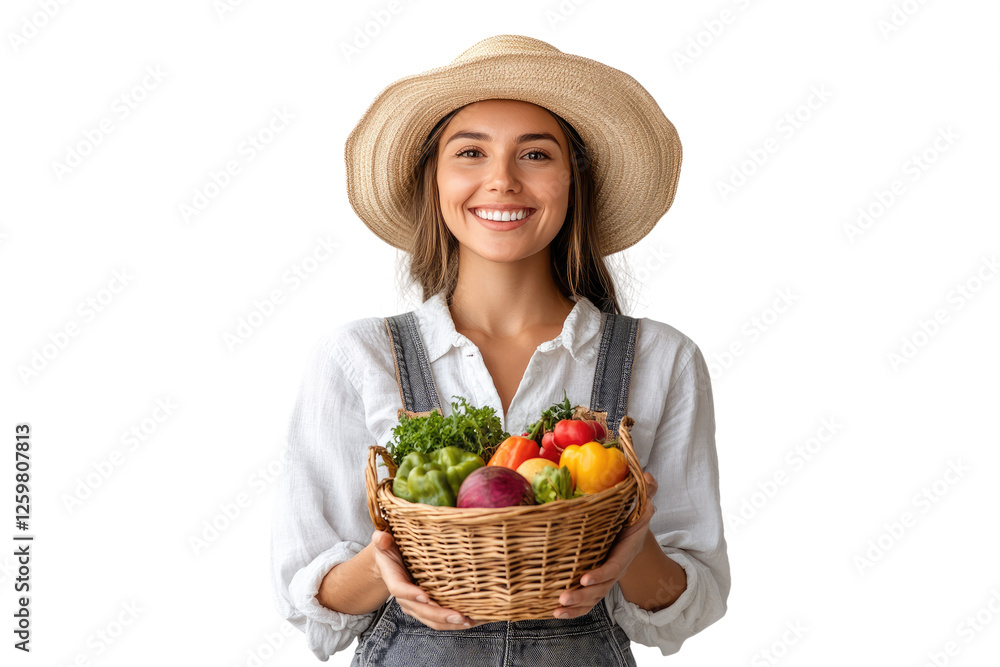 Happy female farmer holding a basket of fresh vegetables isolated on white or transparent, PNG Happy female farmer holding a basket of fresh vegetables isolated on white or transparent, PNG