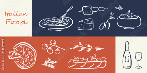 Hand drawn italian food set in doodle style. Chalk crayon sketch dish with pizza, cheese, pasta, croissant, olives, bottle wine, italy ingredients. Charcoal collection of dinners for menu. Vector illu