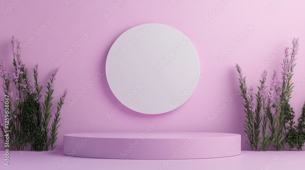 A modern display with a round white frame against a soft pink wall, complemented by green plants, perfect for minimalistic design. A modern display with a round white frame against a soft pink wall, complemented by green plants, perfect for minimalistic design.
