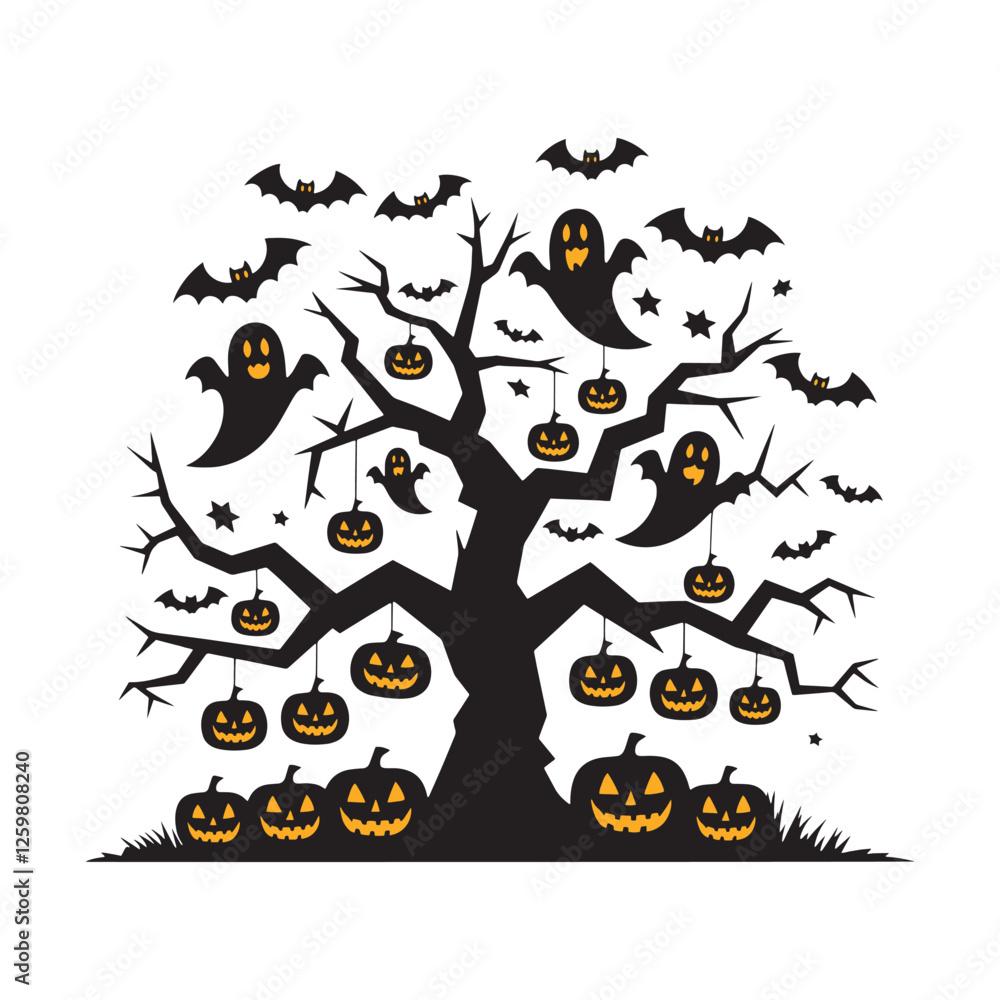 Obraz premium Halloween spooky Tree Vector, Haunted Tree Vector Art illustration, Scary Tree with pumpkin vector design element