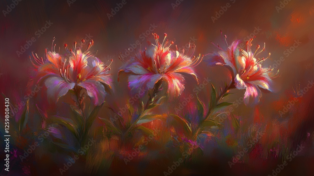 Vibrant Lilies in Full Bloom Against a Dreamy Background with Colorful Accents and Soft Light Vibrant Lilies in Full Bloom Against a Dreamy Background with Colorful Accents and Soft Light