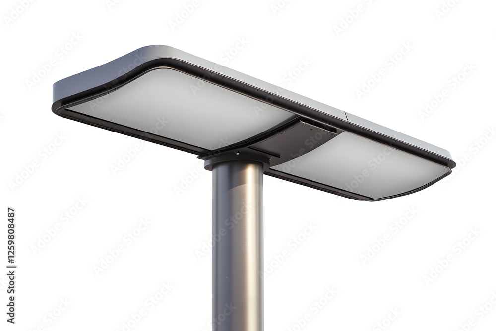 Modern LED streetlight, urban setting, daylight, clean energy Modern LED streetlight, urban setting, daylight, clean energy