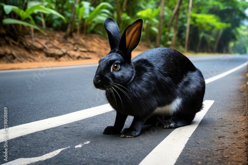 there is a black rabbit sitting on the side of the road photo