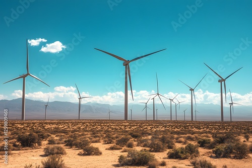 Desert wind farm generates clean energy under blue sky photo