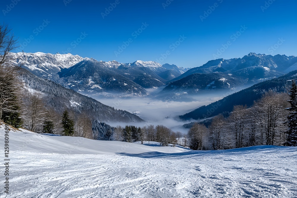 Snowy mountain slope overlooking valley fog Snowy mountain slope overlooking valley fog
