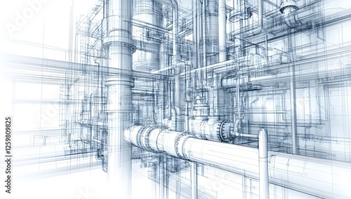 Industrial piping system blueprint, factory infrastructure,  technical drawing