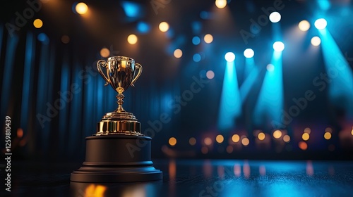 An awards ceremony with a stage podium, golden trophy, and a spotlight focusing on the recipient
