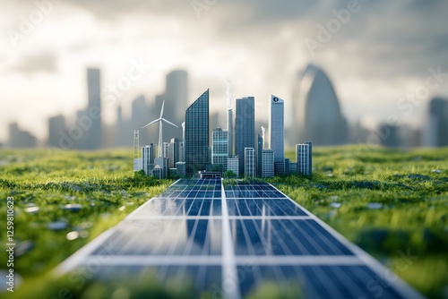 Green city model on solar panel, wind turbines, cityscape background