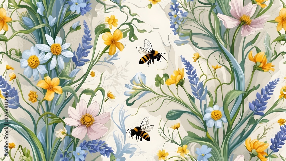 Delicate Floral and Bee Pattern Texture with Spring Blossom Accents for Gentle Backgrounds and Decorative Design Projects Requiring a Natural and Serene Aesthetic Delicate Floral and Bee Pattern Texture with Spring Blossom Accents for Gentle Backgrounds and Decorative Design Projects Requiring a Natural and Serene Aesthetic
