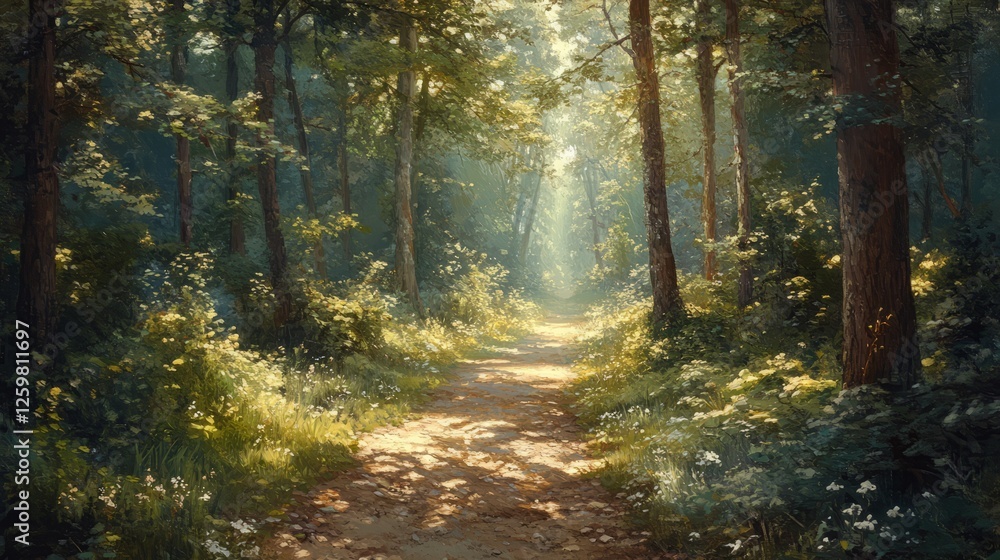 Obraz premium A tranquil forest trail with dappled sunlight filtering through the trees and a soft summer breeze 