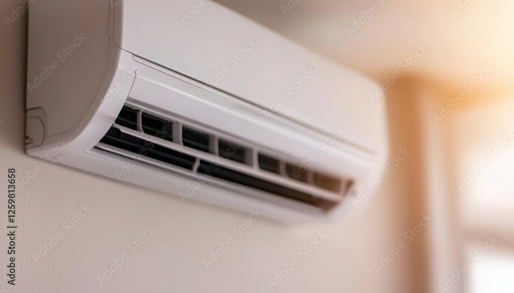 A modern air conditioning unit mounted on a wall, providing effective cooling for indoor spaces, with sunlight reflecting off its surface. A modern air conditioning unit mounted on a wall, providing effective cooling for indoor spaces, with sunlight reflecting off its surface.