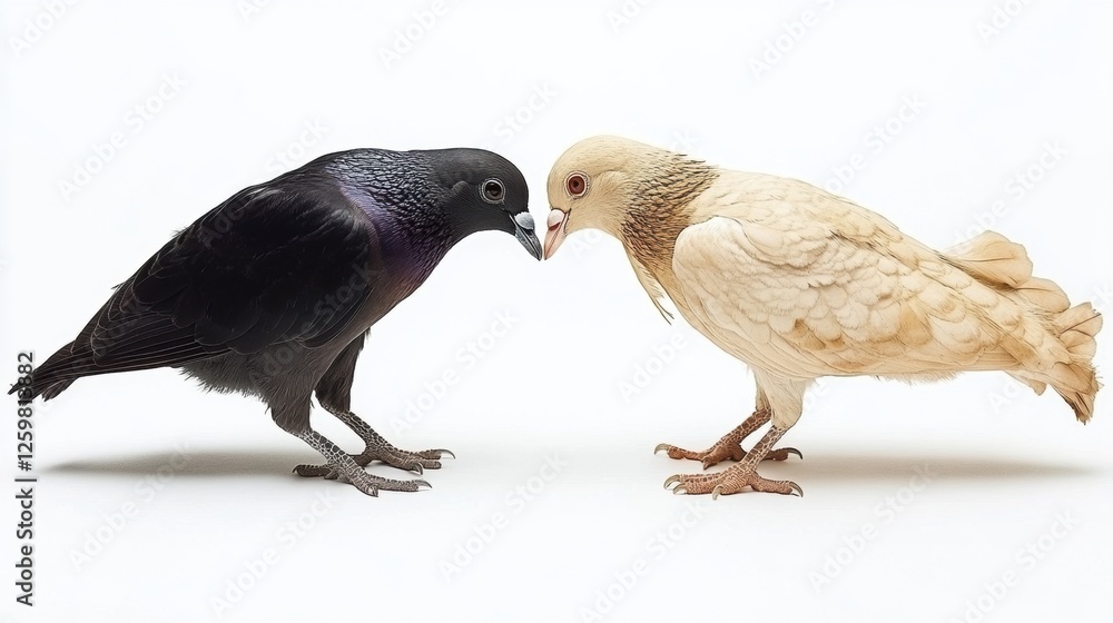 Naklejka premium Close-Up Interaction Between A Black Bird And A White Pigeon Against A Plain Background