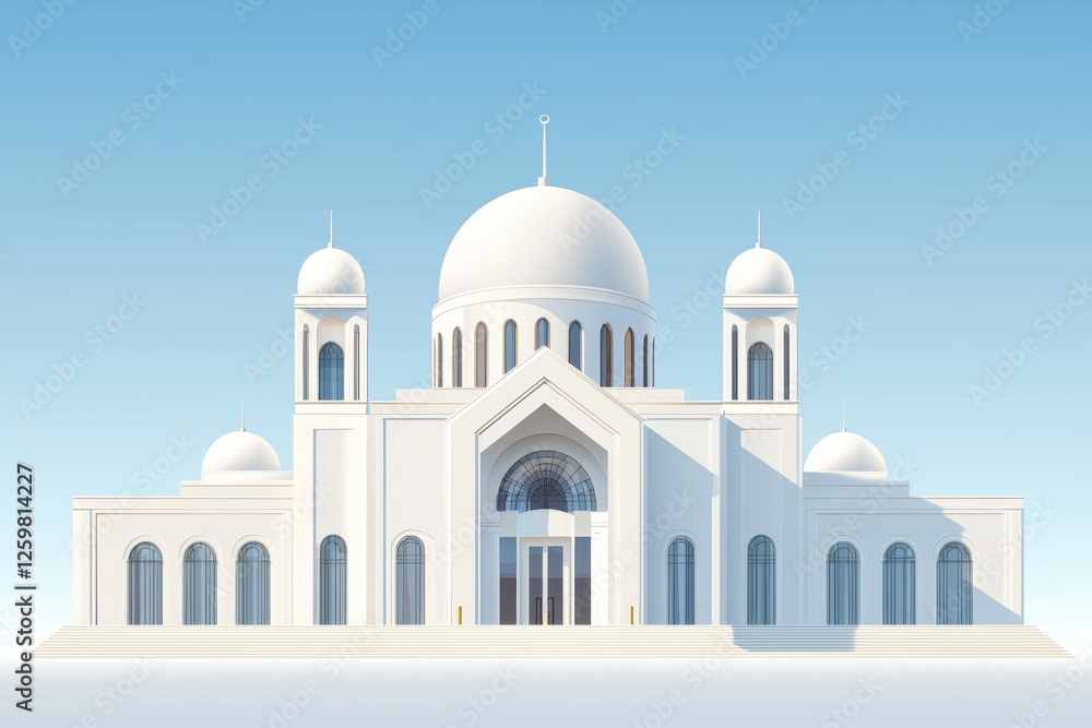 A modern, minimalist white building featuring a central dome and several smaller domes, set against a clear blue sky. A modern, minimalist white building featuring a central dome and several smaller domes, set against a clear blue sky.